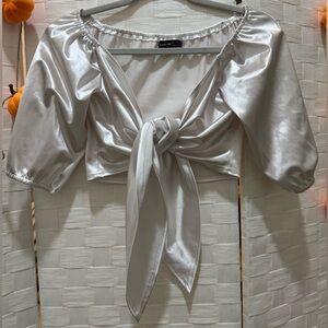 Stretchy White Satin Wrap Blouse